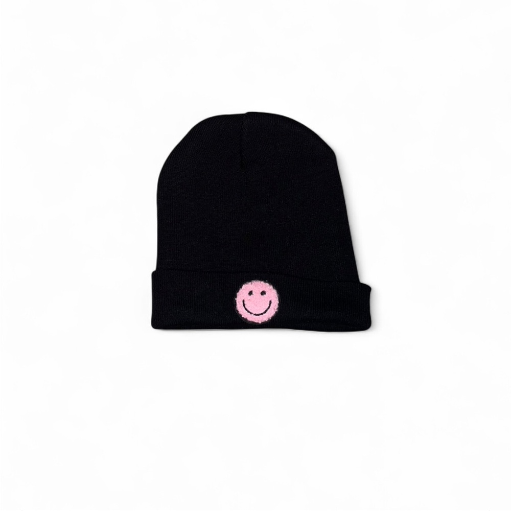 Black Knit Beanie with Pink Smiley Face Patch